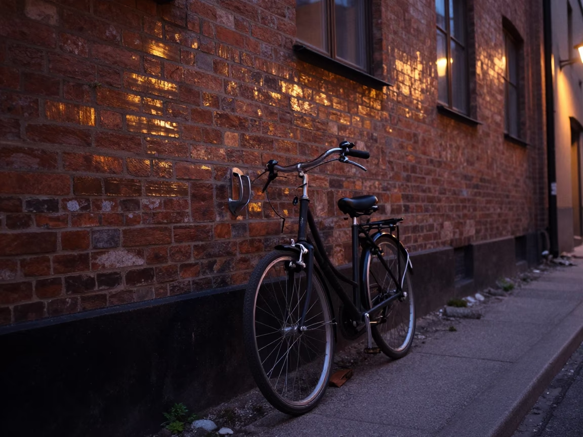 Stockholm Sweden Predawn Street Scene With Bicycle And Wall Hook In Early Morning Darkness in in Stockholm, Sweden