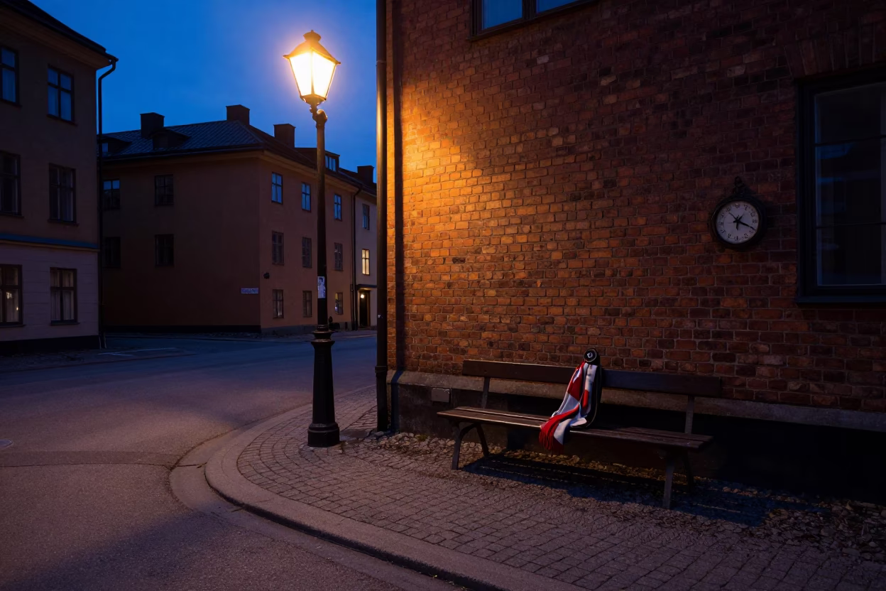 Stockholm Sweden Predawn Street Scene with Metronome and Scarf in in Stockholm, Sweden