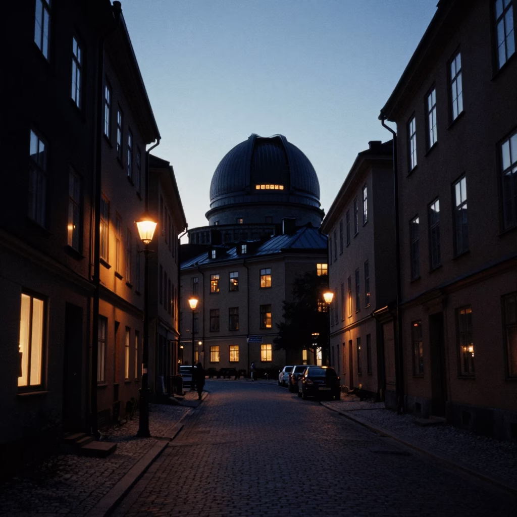 Stockholm Sweden Predawn Street Scene With Observatory Dome Silhouette Above Drifting Fog in in Stockholm, Sweden