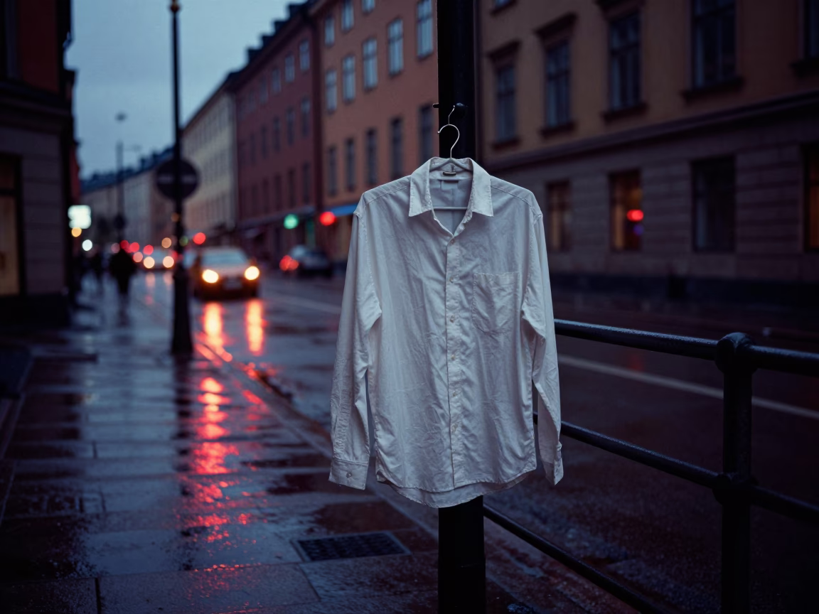 Stockholm Sweden Predawn Street Scene with Shirt Hanger and Urban Glass Reflections in in Stockholm, Sweden