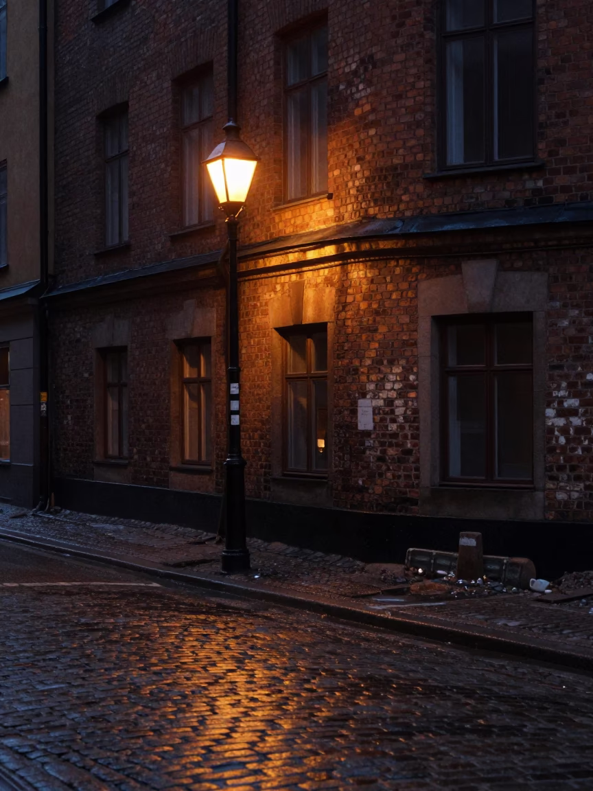 Stockholm Sweden Predawn Street Scene with Vintage 1980s Elements and Urban Details in in Stockholm, Sweden
