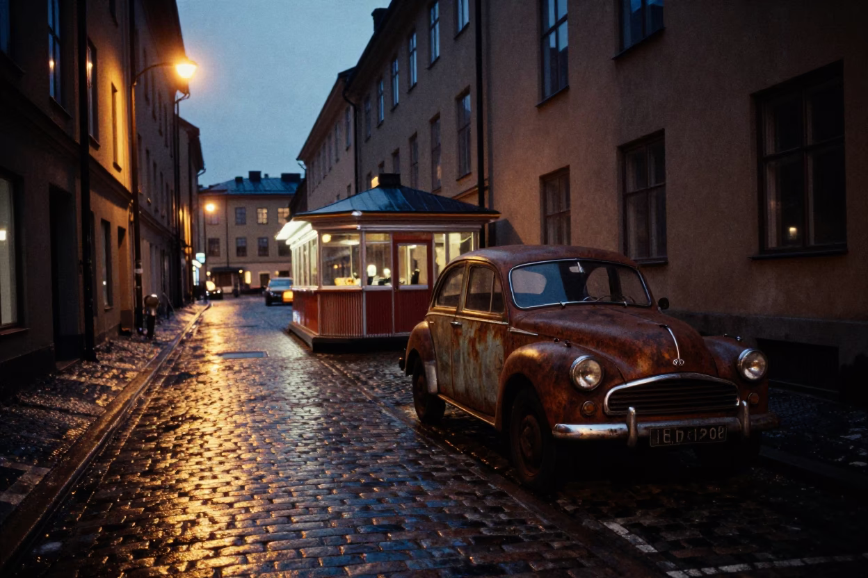 Stockholm Sweden Predawn Street Scene with Vintage Car and Rusty Shelf Elements in in Stockholm, Sweden