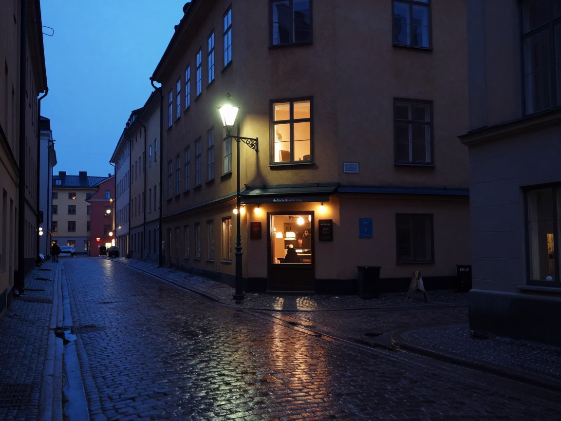 Stockholm Sweden Predawn Street Scene with Window Light and Urban Details in in Stockholm, Sweden
