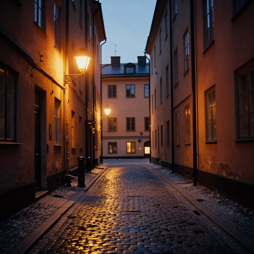 Stockholm Sweden predawn urban street scene with sodium lamps and wet pavement reflections in in Stockholm, Sweden