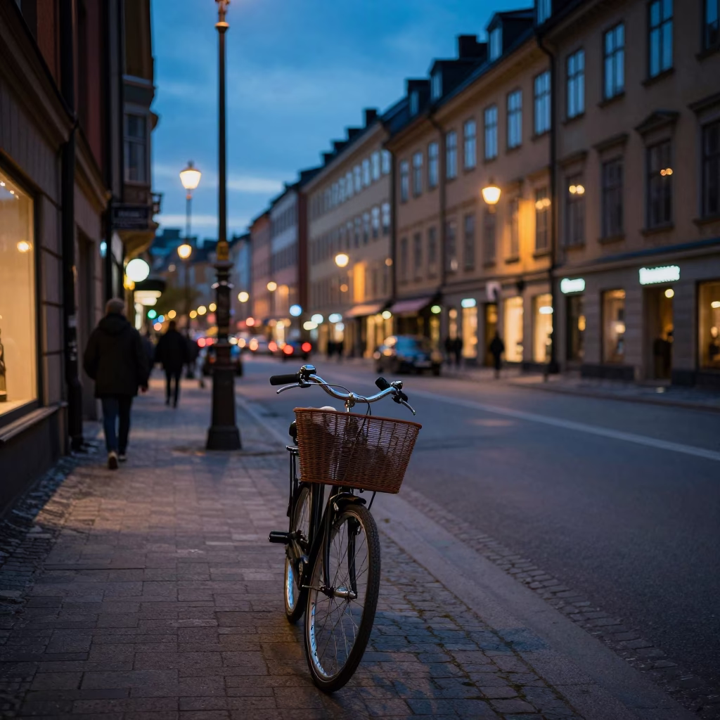 Stockholm Sweden Street Scene at Dusk with Bicycle Basket and City Lights in in Stockholm, Sweden