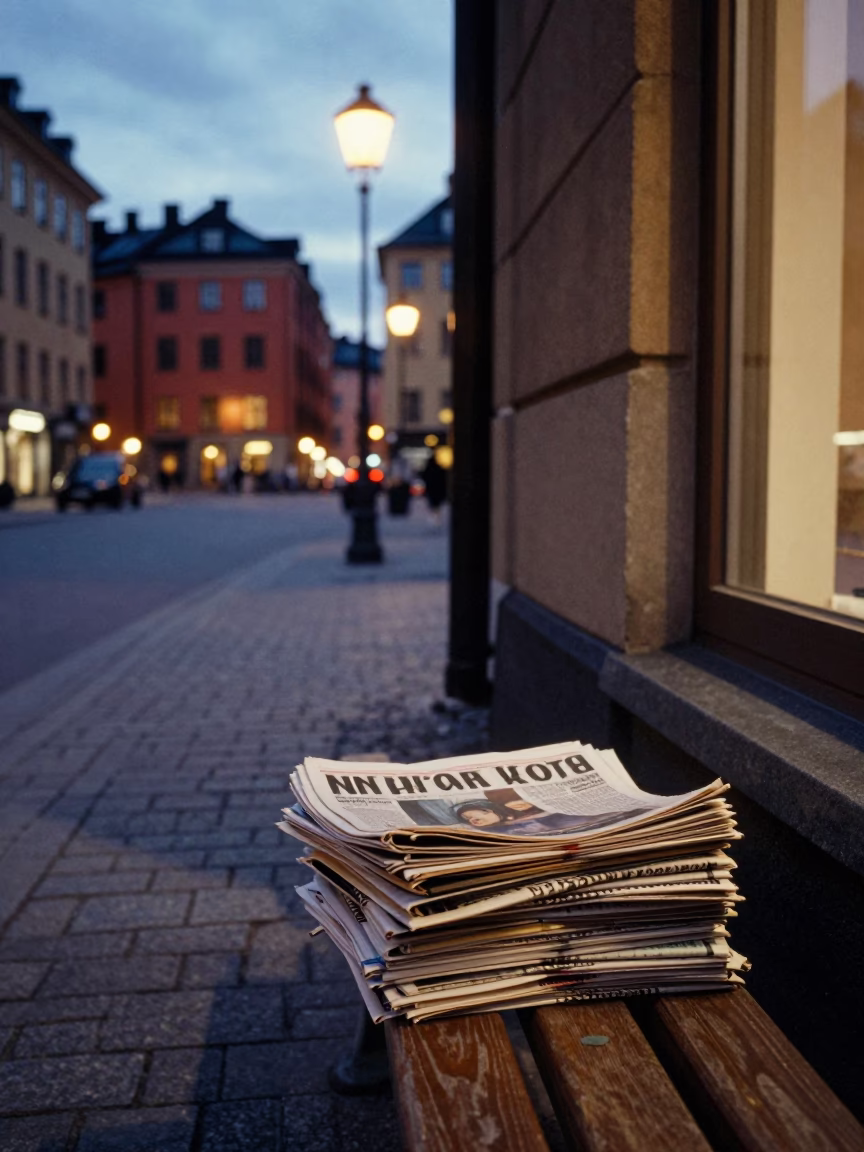 Stockholm Sweden Street Scene at Dusk with Newspaper Stack and City Lights in in Stockholm, Sweden
