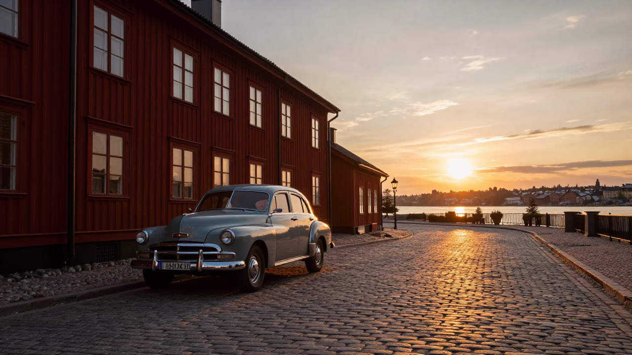 Stockholm Sweden Street Scene at Sunset with Vintage Car and Lantern on Cobblestone in in Stockholm, Sweden