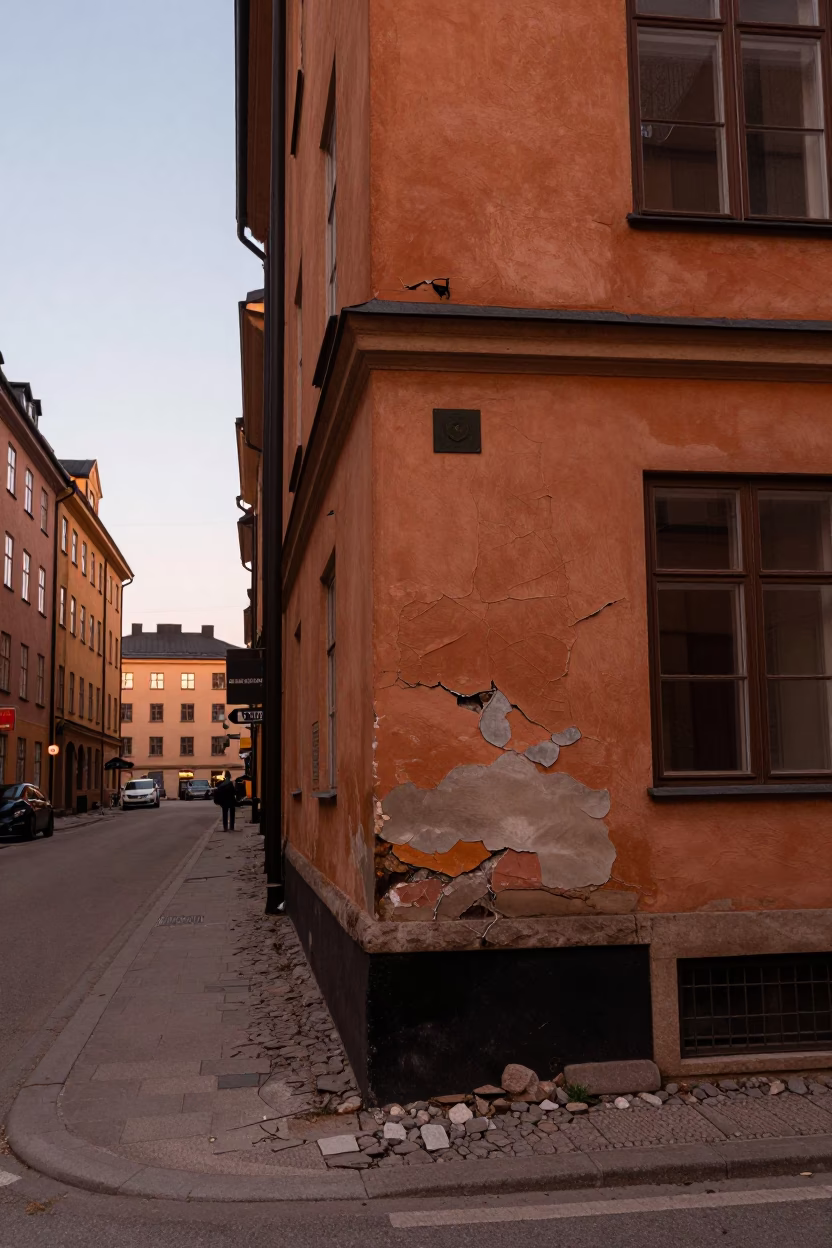 Stockholm Sweden Street Scene Before Dusk with Cracked Stucco and Bicycle in in Stockholm, Sweden