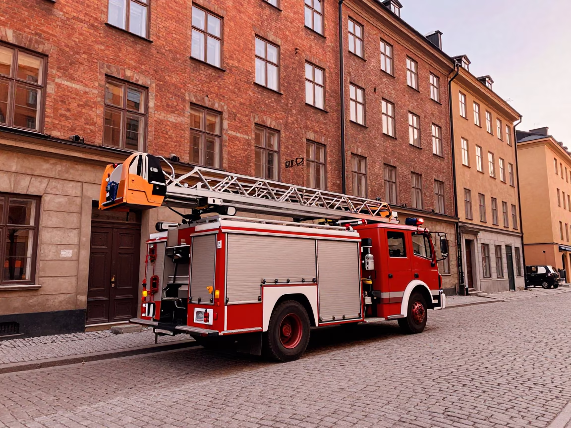Stockholm Sweden Street Scene with Fire Engine Ladder Extended in Copper Dusk Light in in Stockholm, Sweden