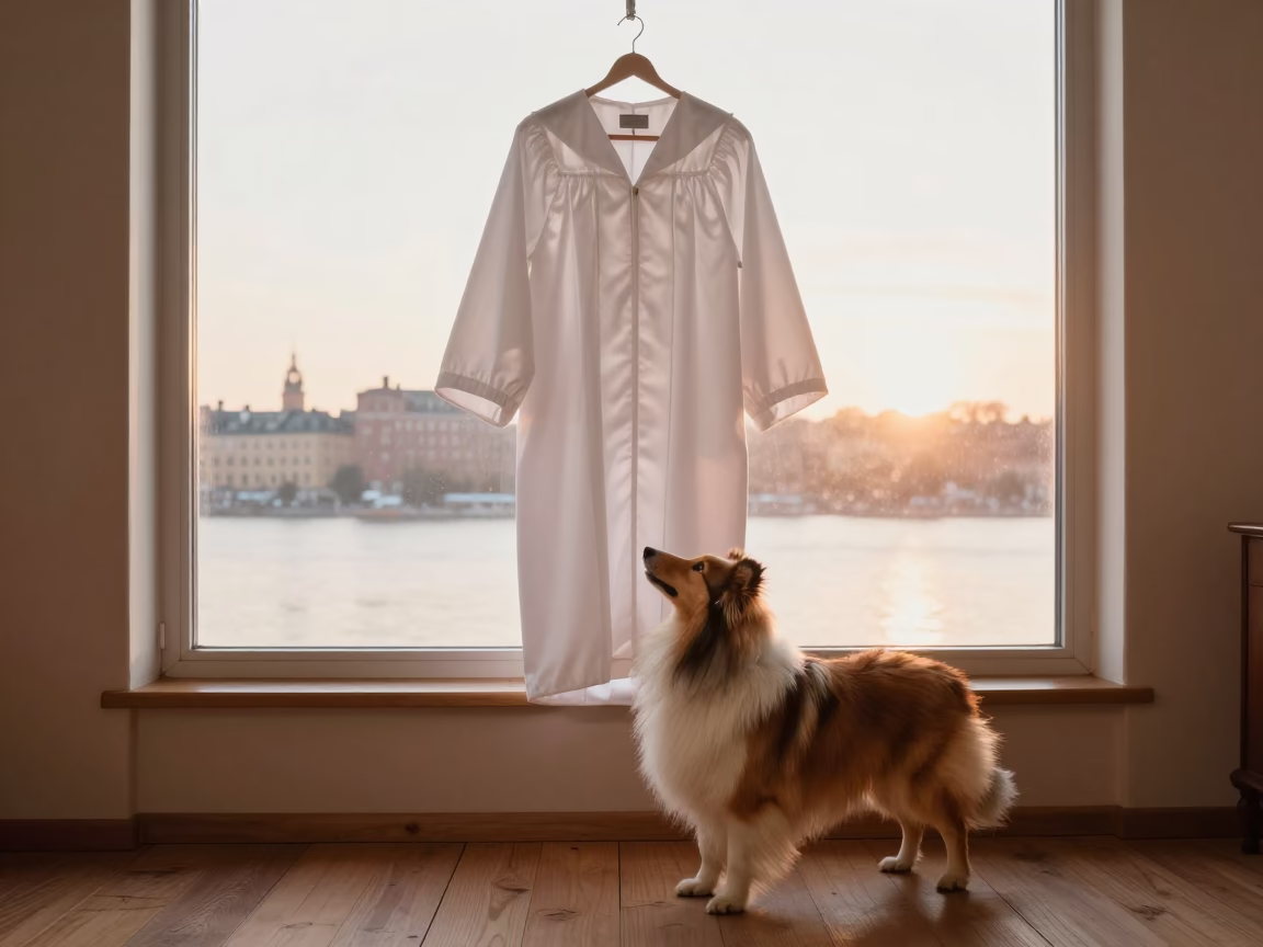 Stockholm Sweden Sunrise Graduation Gown Hanging Window 1960s Shetland Sheepdog in in Stockholm, Sweden
