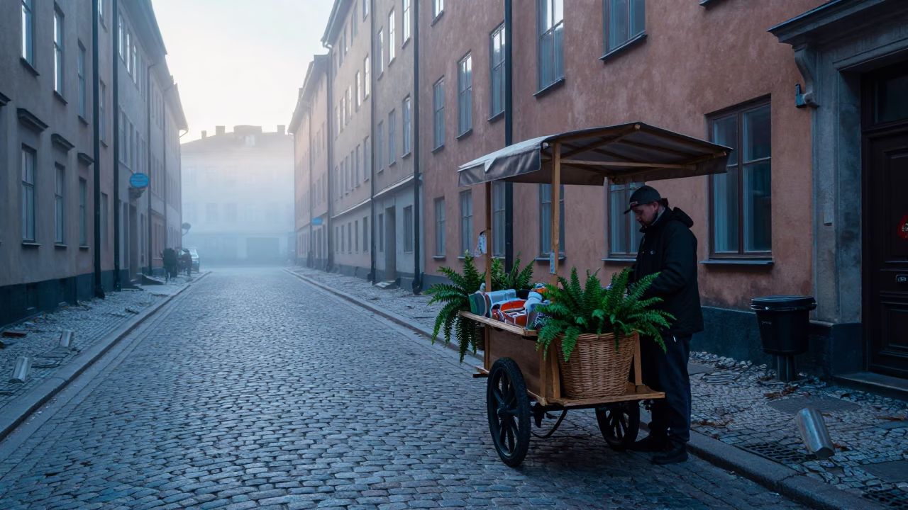 Stockholm Sweden Sunrise Street Scene with Basket and Ferns in in Stockholm, Sweden
