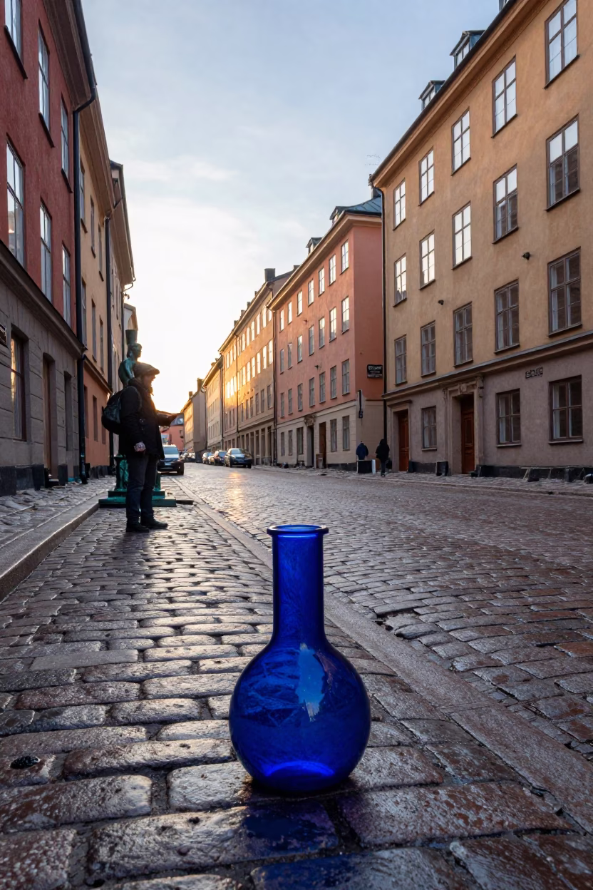 Stockholm Sweden Sunrise Street Scene with Cobalt Blue Beaker and Apricots in in Stockholm, Sweden