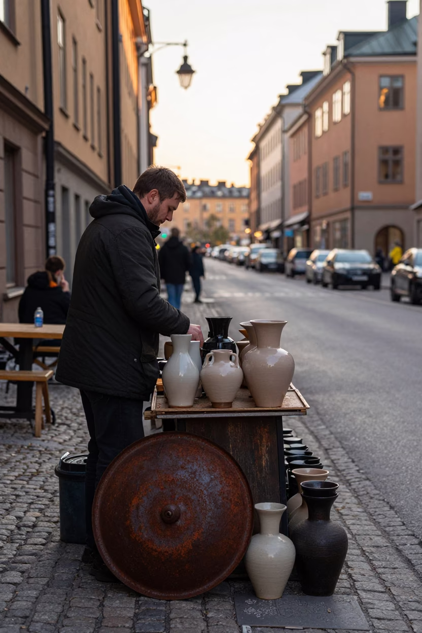 Stockholm Sweden Sunrise Street Scene with Rusty Pot Lid and Vase in in Stockholm, Sweden