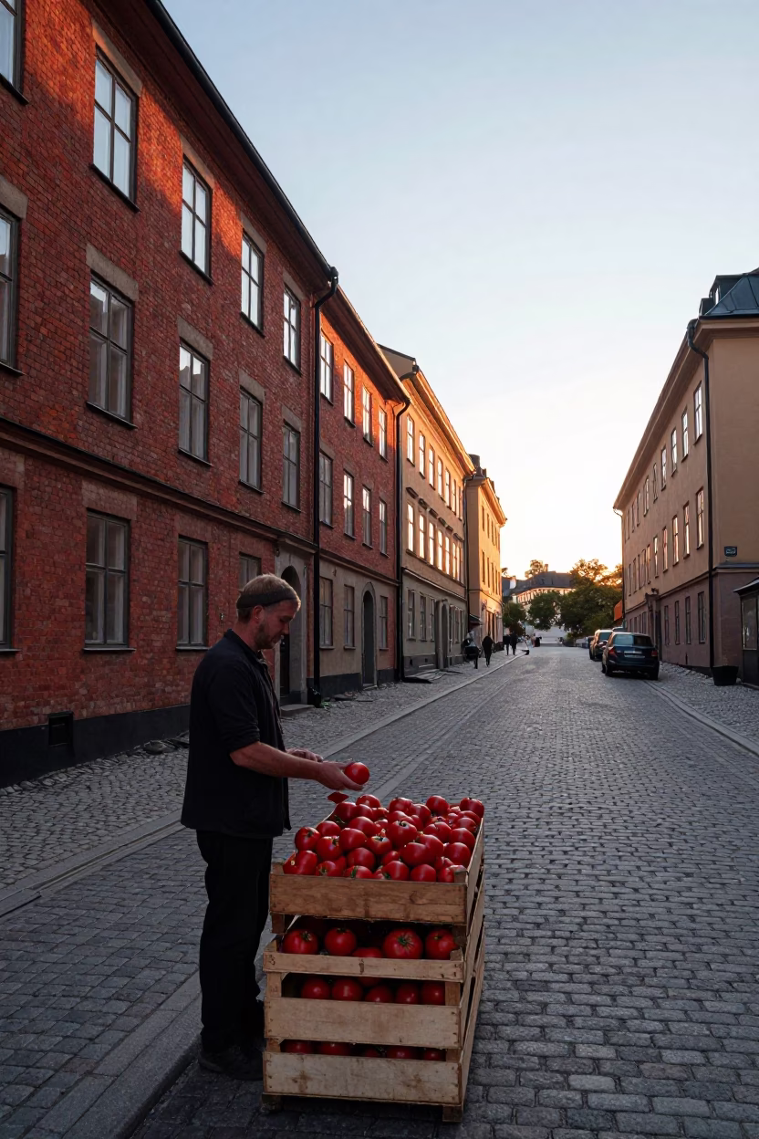 Stockholm Sweden Sunrise Street Scene with Tomatoes and Urban Life in in Stockholm, Sweden