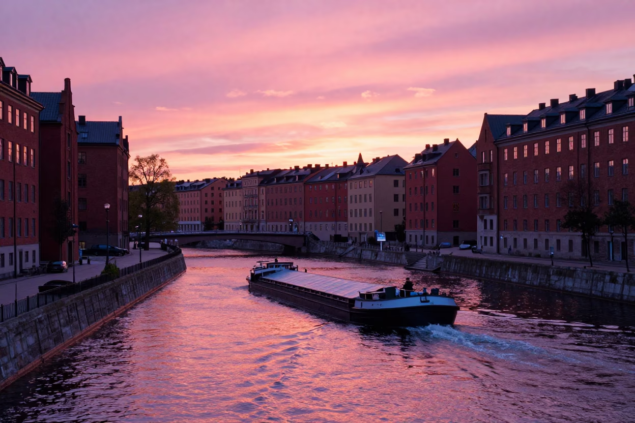 Stockholm Sweden Sunset Canal Scene with Cargo Barge and Urban Architecture in in Stockholm, Sweden