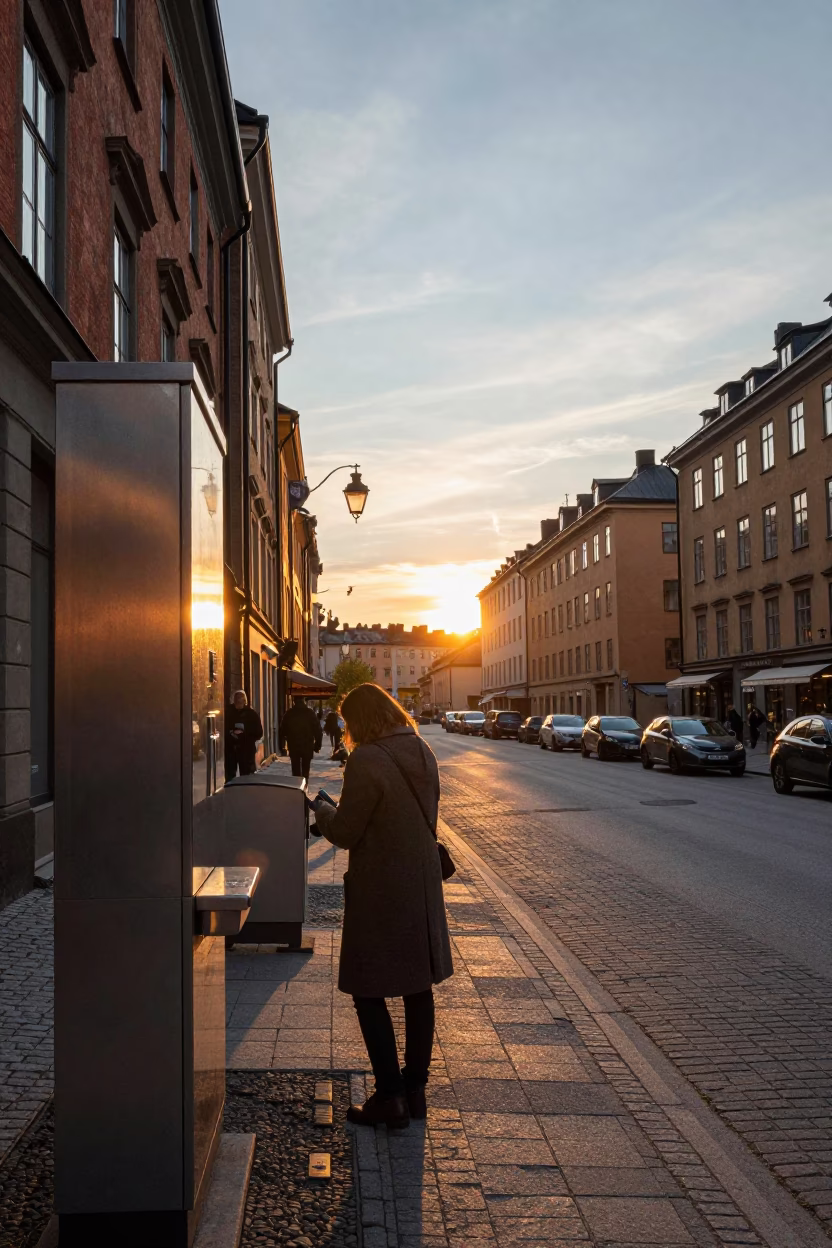 Stockholm Sweden Sunset Street Scene with Brushed Steel Reflections and Urban Life in in Stockholm, Sweden