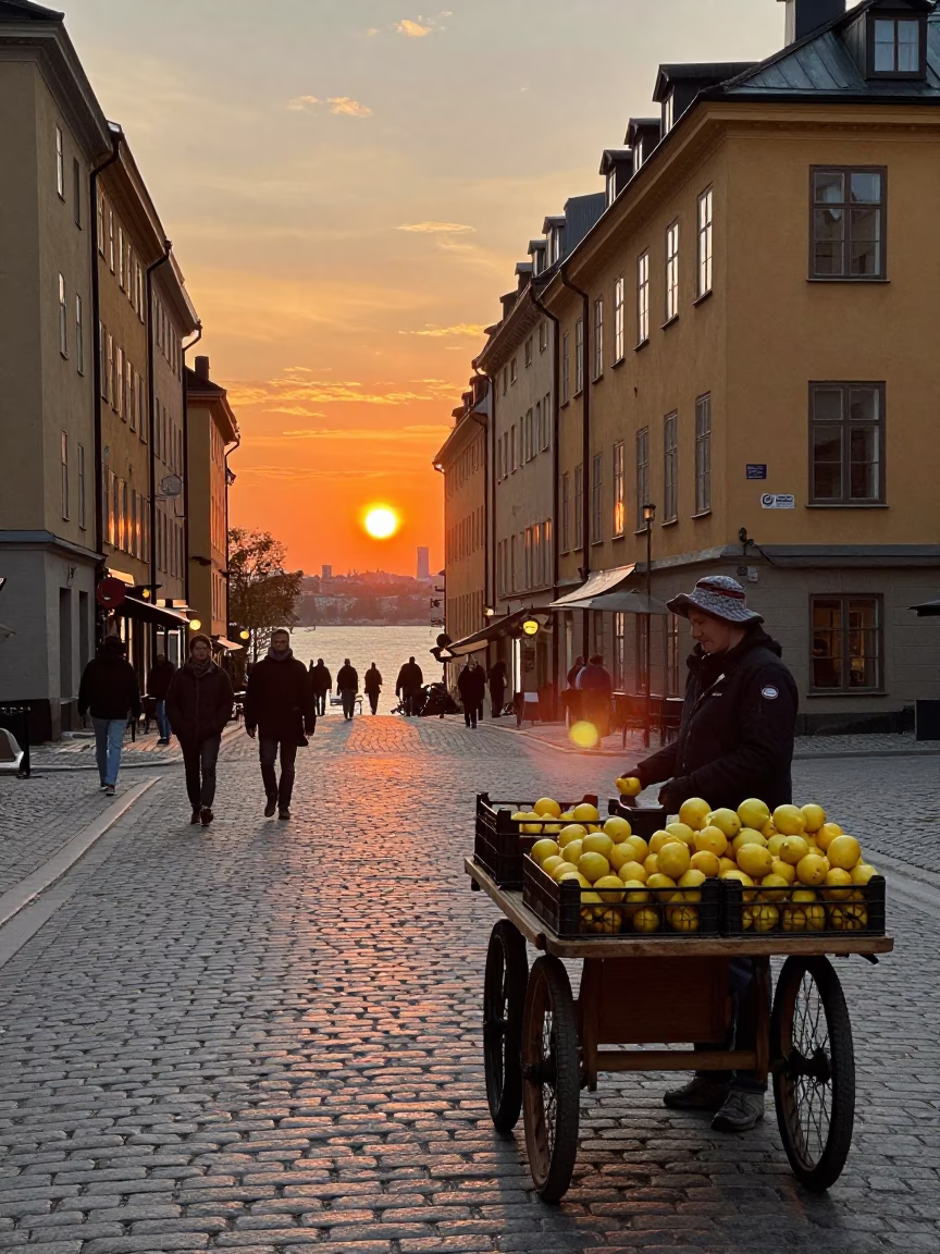 Stockholm Sweden Sunset Street Scene with Cobblestones and Local Life in in Stockholm, Sweden