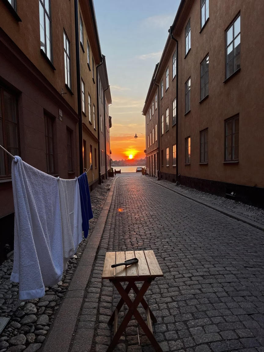 Stockholm Sweden sunset street scene with drying towels and peeler on wooden table in in Stockholm, Sweden