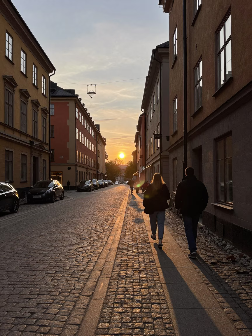 Stockholm Sweden Sunset Street Scene with Leaf Shadows and Vintage Wrench in Hand in in Stockholm, Sweden