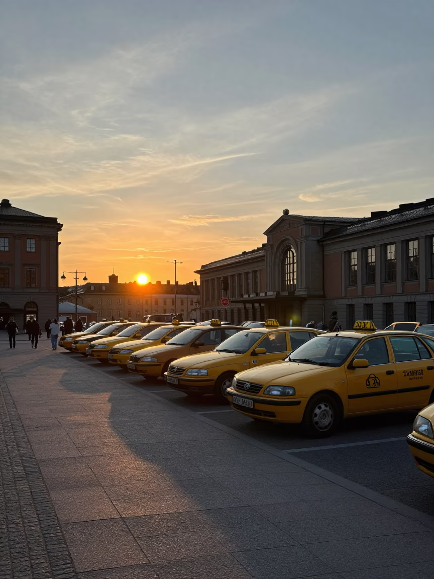 Stockholm Sweden Sunset Taxi Rank Outside Central Station Twilight Realistic Street Scene in in Stockholm, Sweden