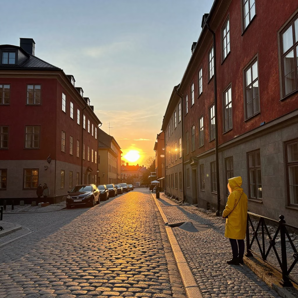 Stockholm Sweden Sunset Urban Street Scene with Cobblestone and Historic Architecture in in Stockholm, Sweden