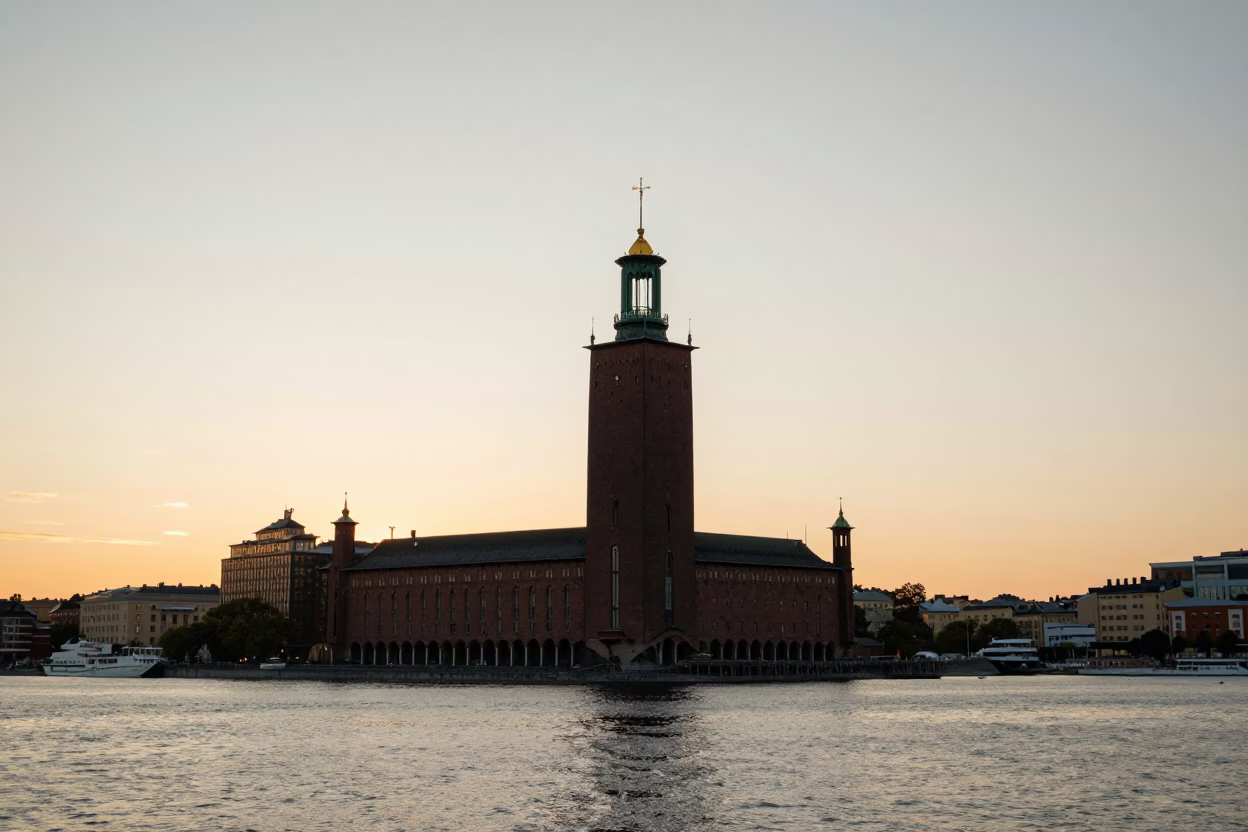 Stockholm Sweden Sunset View of City Hall Tower and Waterfront Promenade in in Stockholm, Sweden