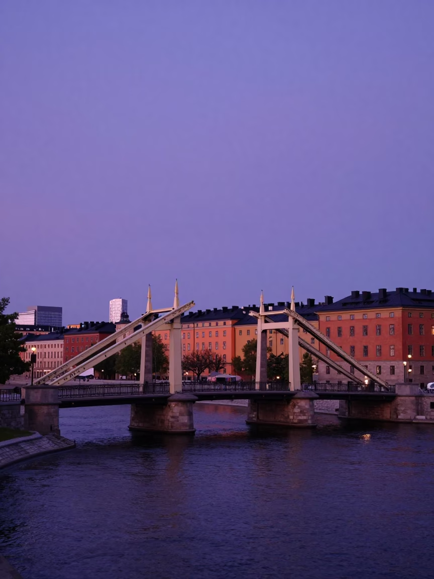 Stockholm Sweden Twilight Drawbridge Over Moat With Violet Sky And City Lights in in Stockholm, Sweden