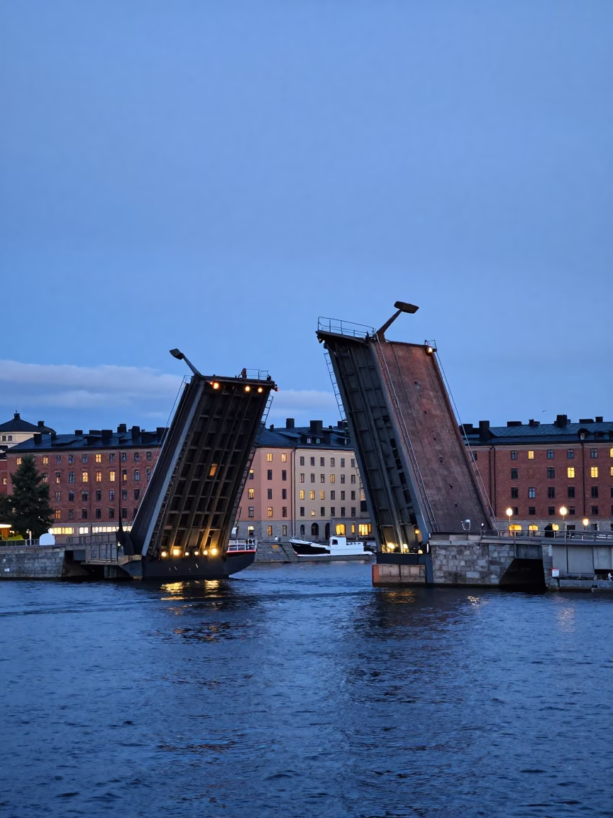 Stockholm Sweden Twilight Drawbridge Raising for Tall Ship Near Waterfront in in Stockholm, Sweden