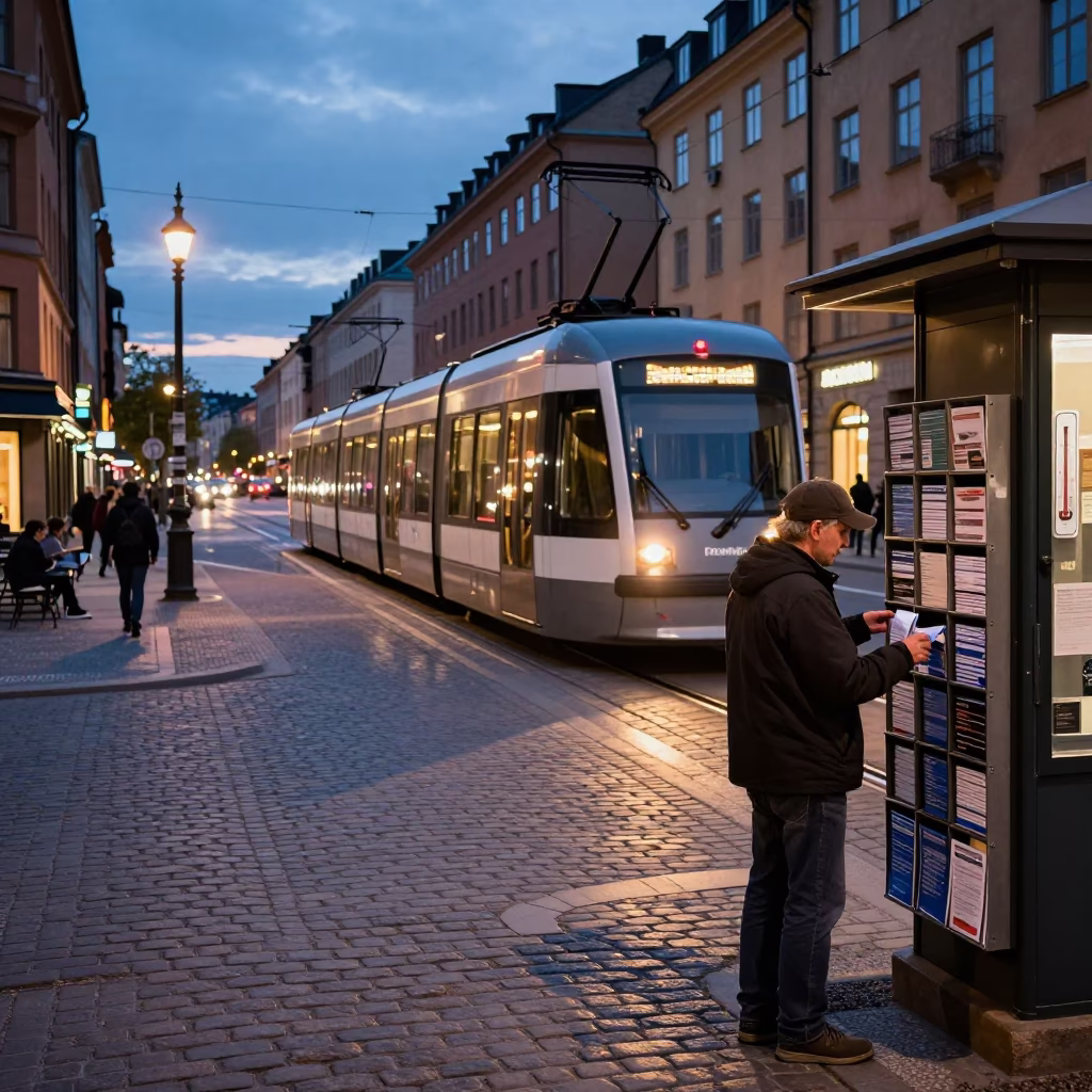 Stockholm Sweden Twilight Monorail Above City Street With Letter Tray And Thermometer in in Stockholm, Sweden