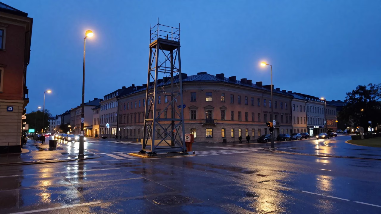 Stockholm Sweden Twilight Street Scene with Bridge Maintenance Cage and Urban Details in in Stockholm, Sweden