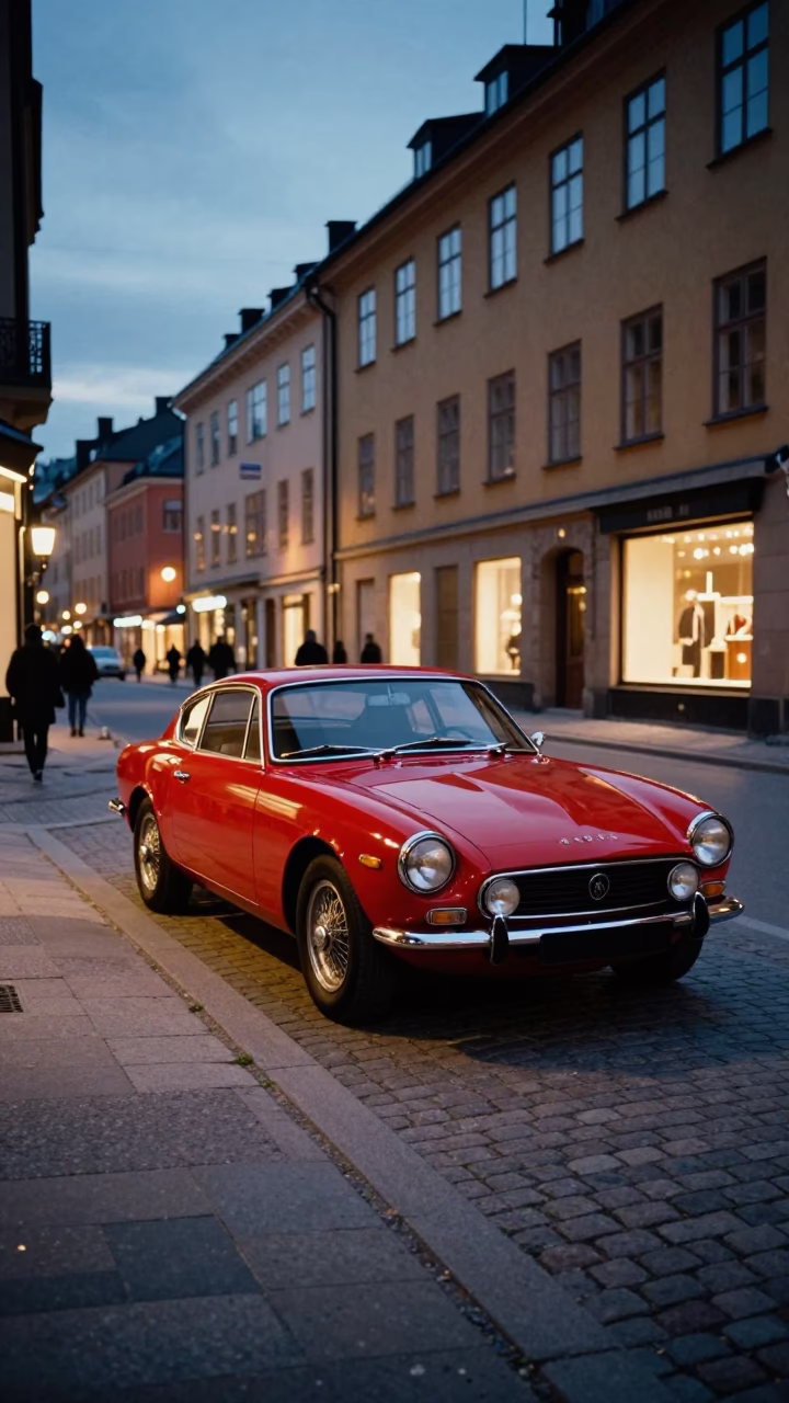 Stockholm Sweden Twilight Street Scene with Vintage Sports Car and City Lights in in Stockholm, Sweden