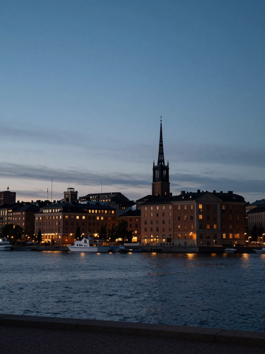 Stockholm Sweden Twilight View of City Lights and Waterfront Architecture in in Stockholm, Sweden