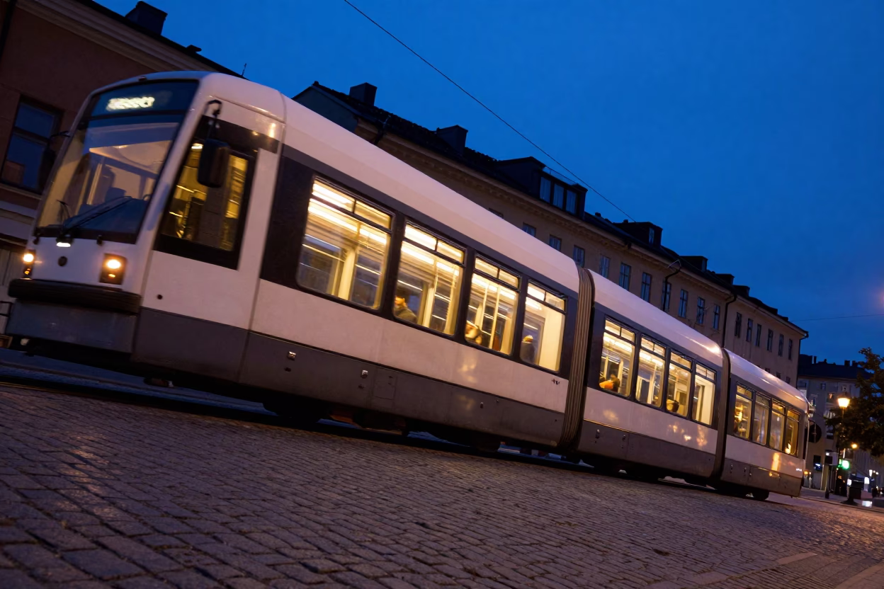 Stockholm tram climbing steep hill in predawn darkness with city lights in in Stockholm, Sweden