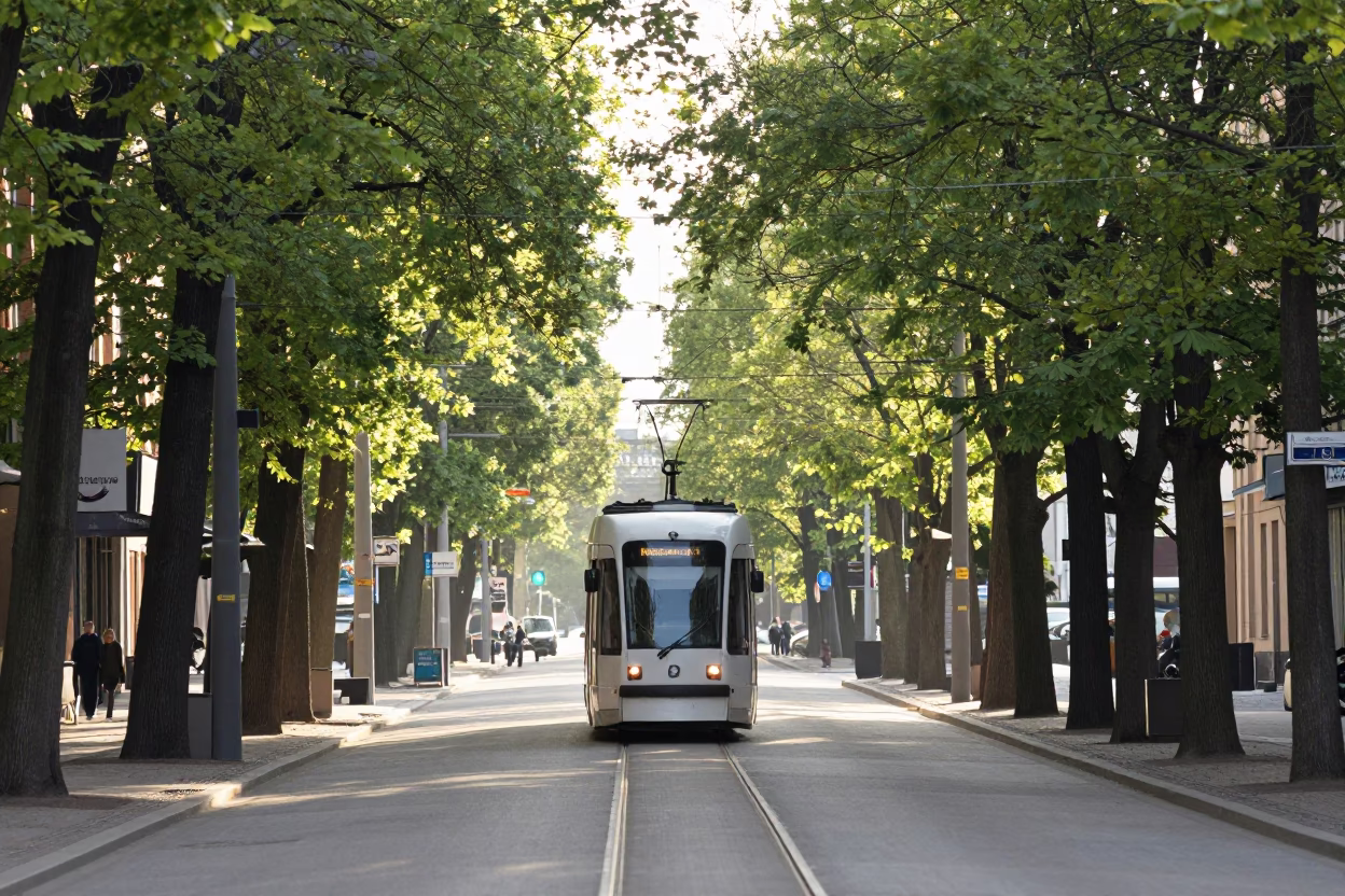 Stockholm Tramcar on Tree-Lined Boulevard in Late Morning Light in in Stockholm, Sweden