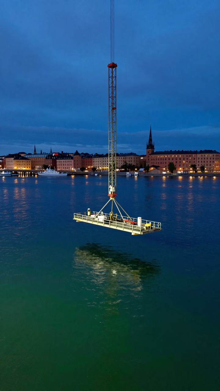 Stockholm Twilight Bridge Maintenance Cradle Over Green Water in in Stockholm, Sweden
