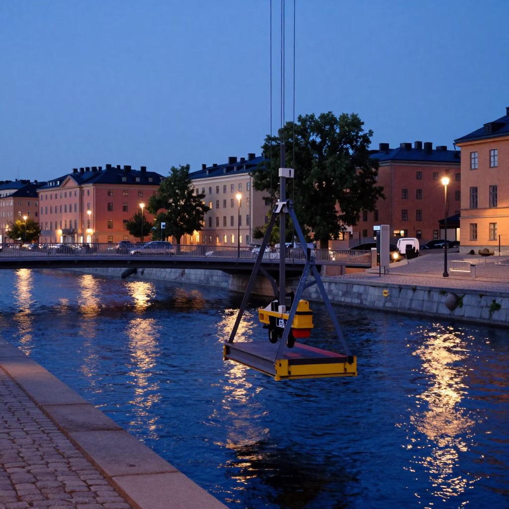 Stockholm Twilight Bridge Maintenance Cradle Over River Water in in Stockholm, Sweden