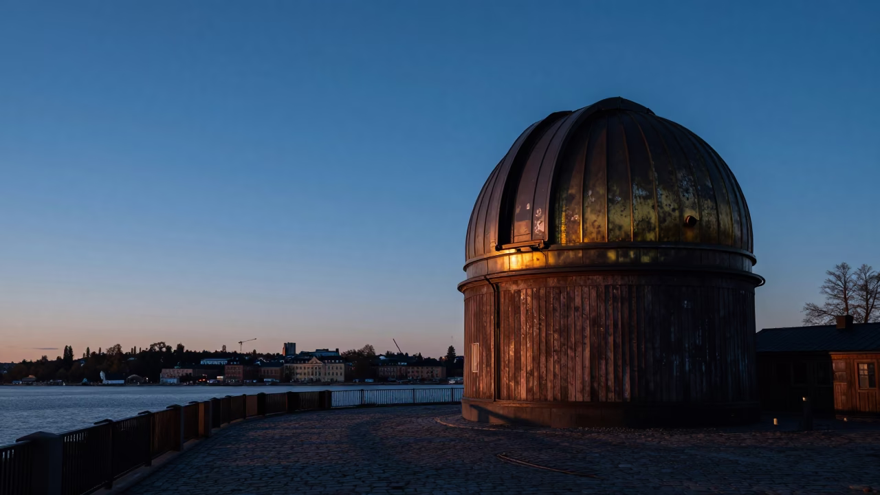 Stockholm Twilight Observatory Silhouette with Scuffed Wood and Brass Details in in Stockholm, Sweden