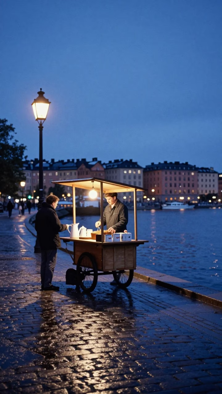 Stockholm Twilight Street Scene with Enamel Pitcher and Wooden Hanger in in Stockholm, Sweden