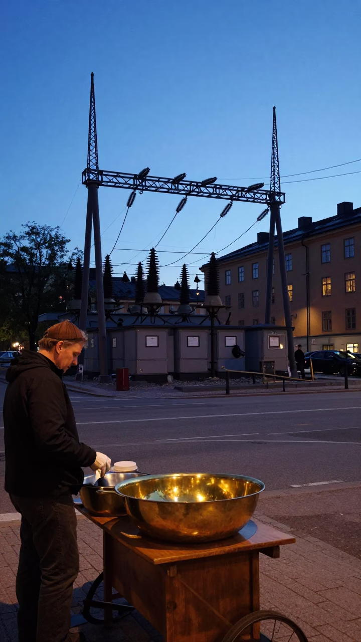 Stockholm Twilight Street Scene with Power Substation and Brass Basin Detail in in Stockholm, Sweden