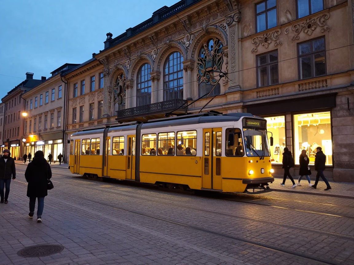 Stockholm Twilight Street Scene with Tram and Art Nouveau Architecture in in Stockholm, Sweden
