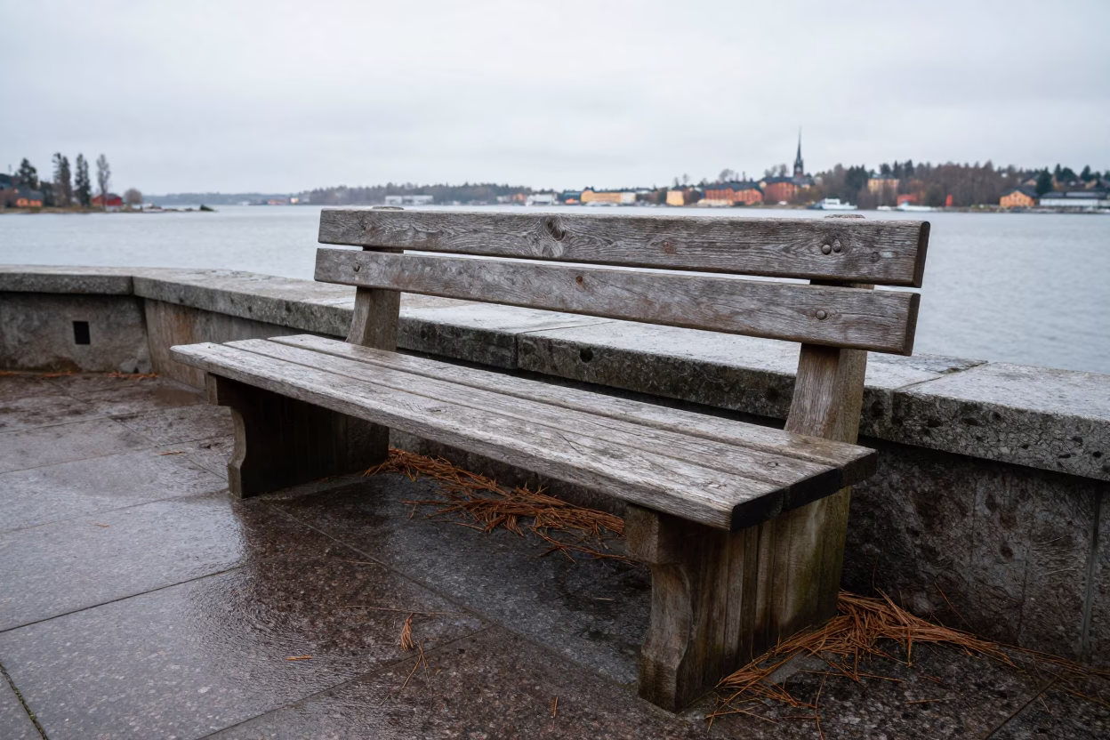 Stockholm Weathered Wooden Bench in in Stockholm, Sweden