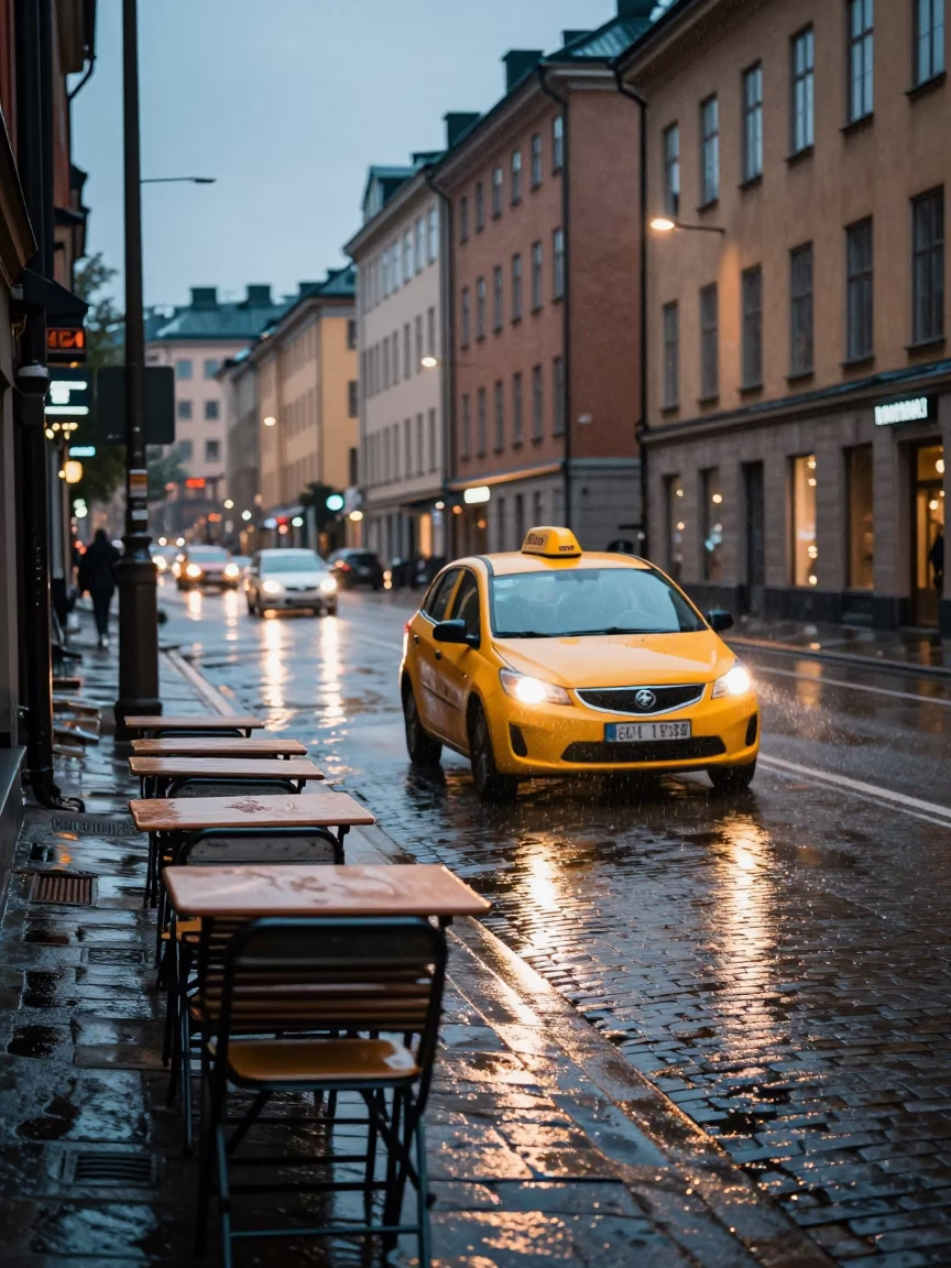 Stockholm Wet Streets at As City Lights Begin To Glow in in Stockholm, Sweden