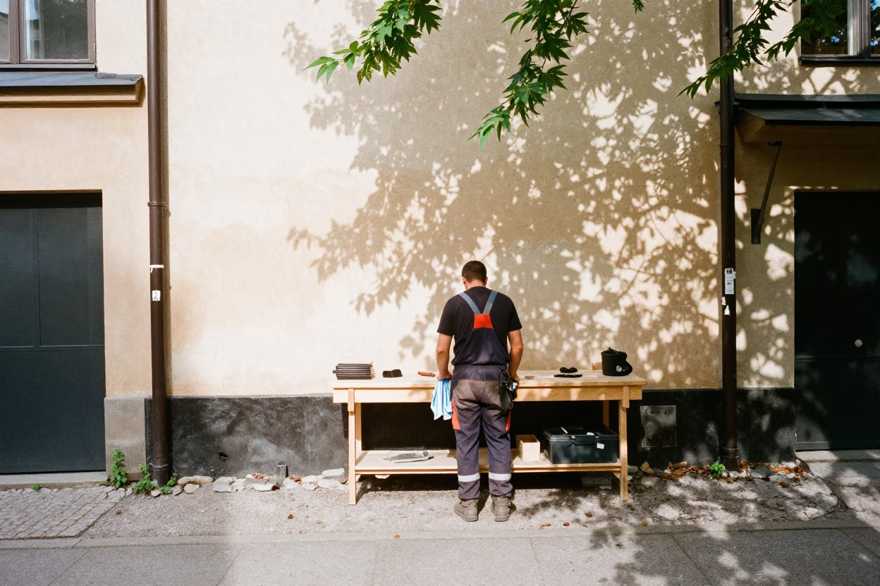 Stockholm Worker at Flat Noon Light in in Stockholm, Sweden