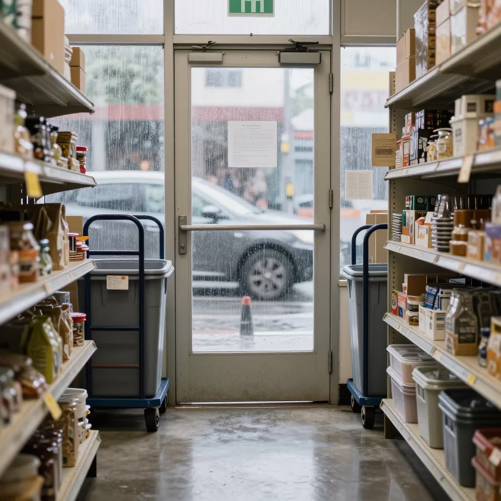 Stockroom Back Door Rainy Morning Lima in inside a store aisle lined with shelf tags in Chorillos, Lima