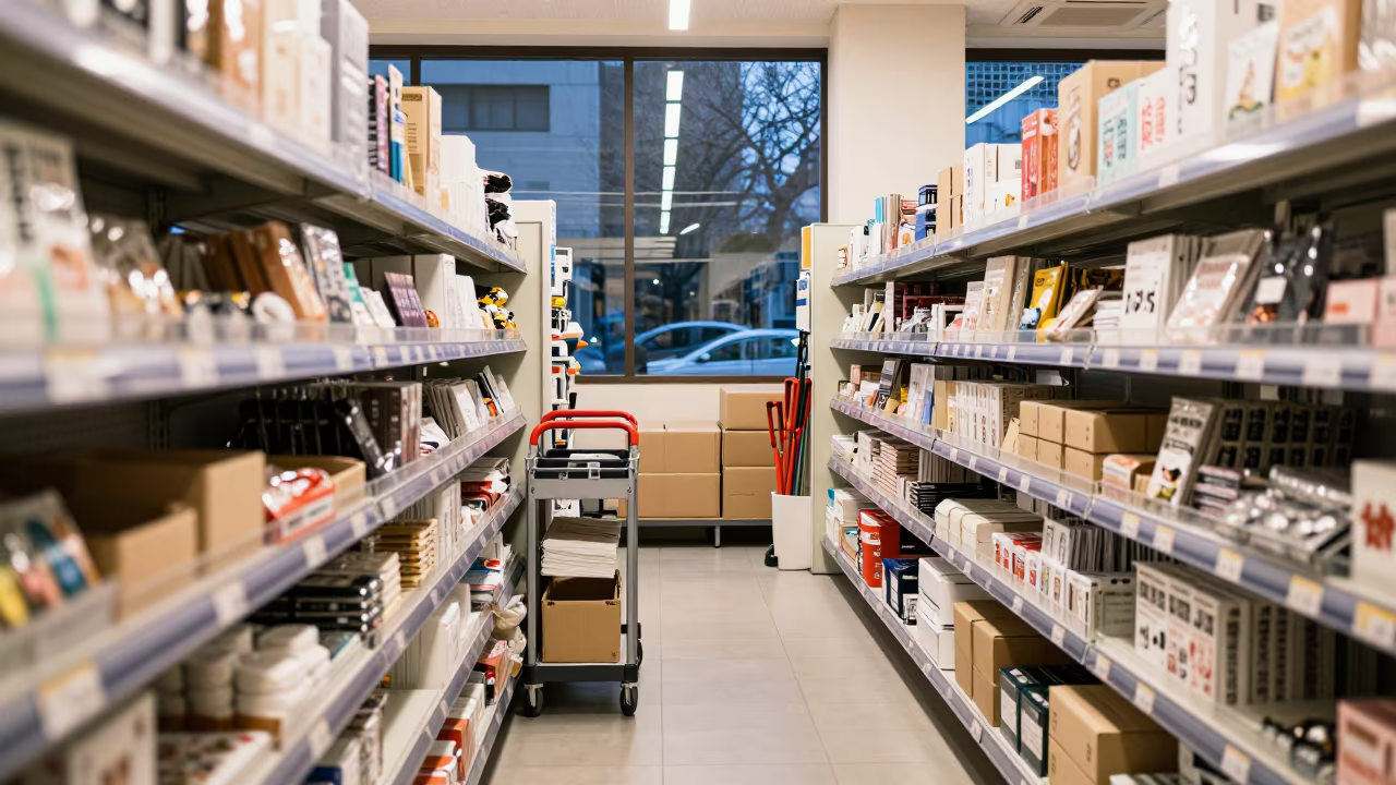 Stockroom Cart in Ueno Aisle at Twilight in inside a store aisle lined with shelf tags near Ueno, Tokyo