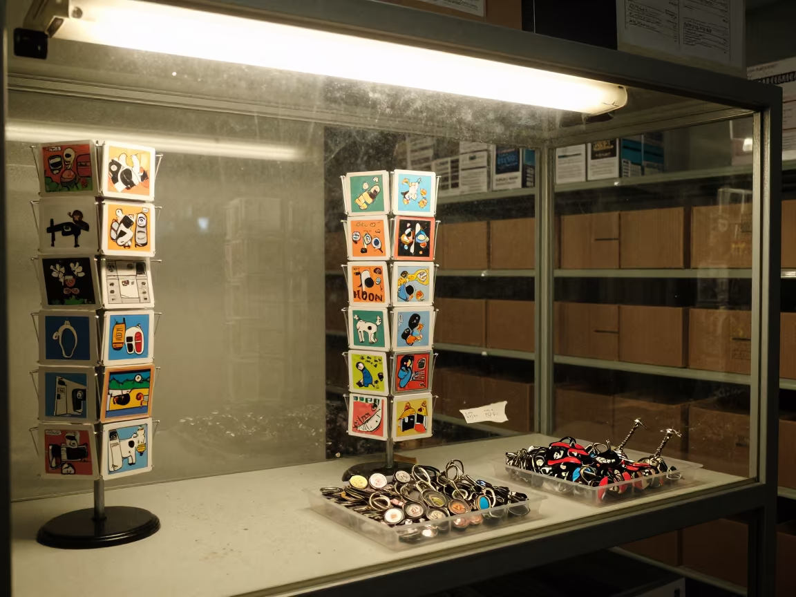 Stockroom Postcard Spinner and Keychain Case in inside a stockroom behind the sales floor near Lobamba
