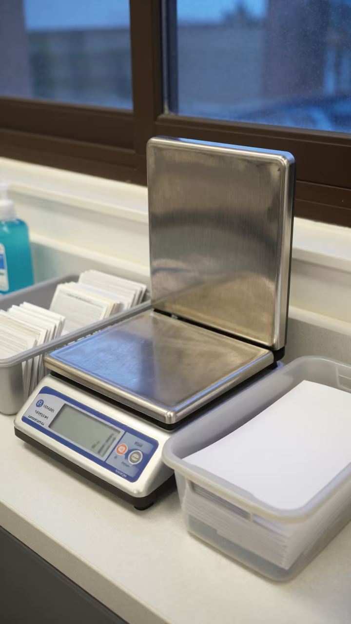 Stockroom Scale Cleaning Caddy with Sanitizer Cups in inside a stockroom behind the sales floor near Zanzibar