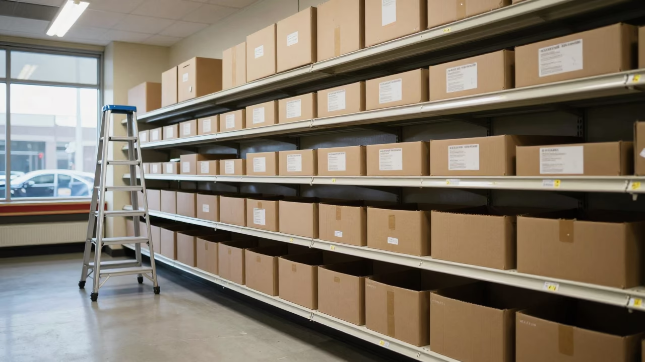 Stockroom Shelf Labels and Bins in Seattle Aisle in along a grocery aisle under flat fluorescent light in International District, Seattle