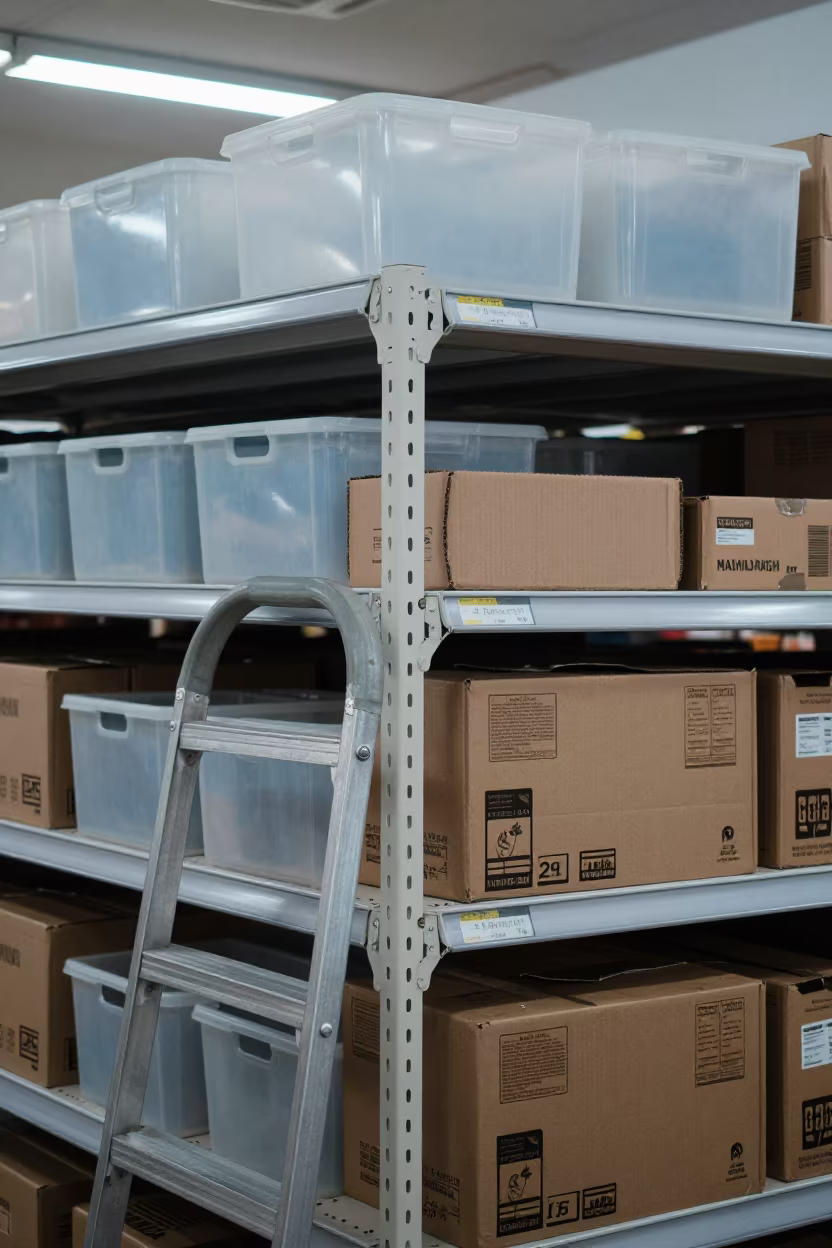 Stockroom Shelf Labels and Rolling Ladder in along a grocery aisle under flat fluorescent light in Kuala Lumpur