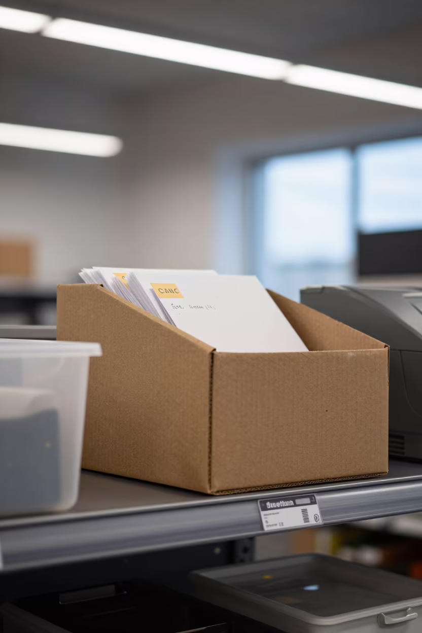 Stockroom Shelf Tag Box with Window Light in inside a stockroom behind the sales floor near Reykjavik